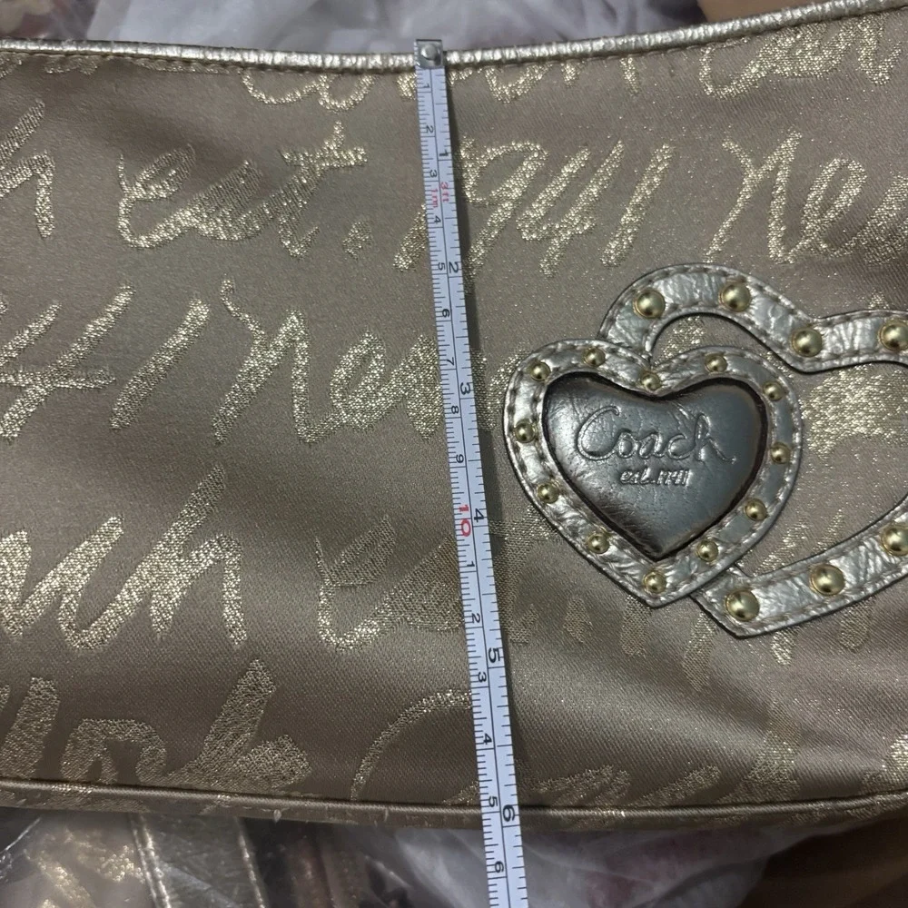 COACH Vtg Gold Satin Script Logo Purse Bag Double Heart Studded Hardware Handbag
